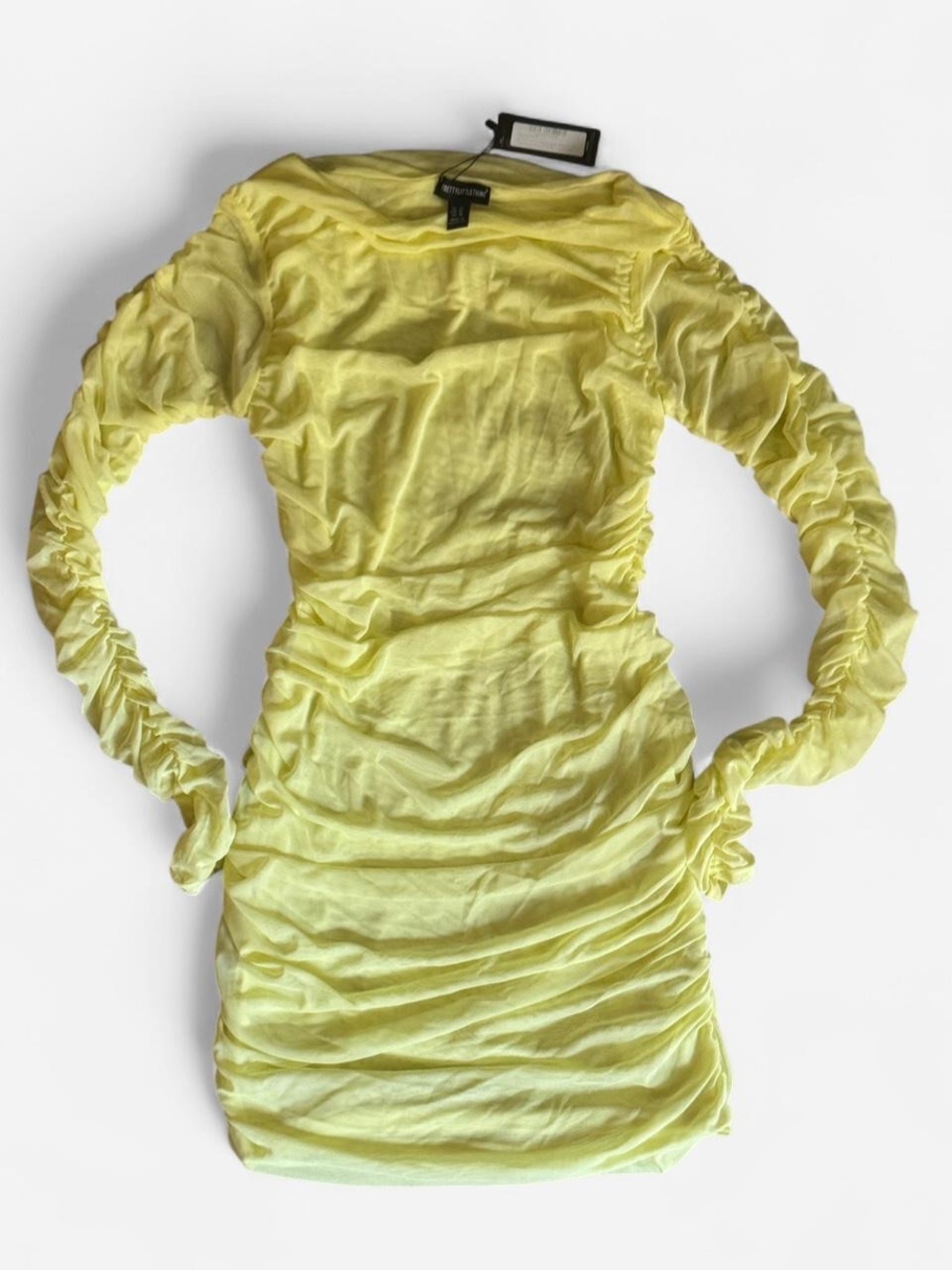 PrettyLittleThing Neon Yellow Ruched Long Sleeve Bodycon Dress
